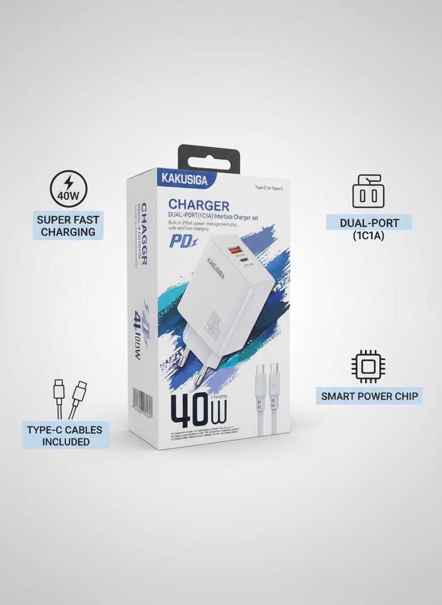 Кабель KAKUSIGA, Type-C, USB, PD40W, 40Вт, 2 порта, поддержка MFi — фото 1