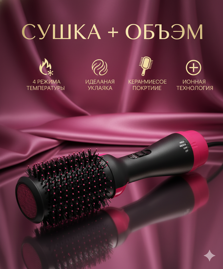 Фен-щетка , для укладки, выпрямления, завивки волос, длина кабеля