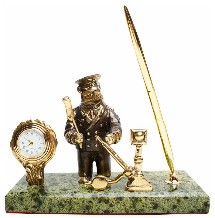 Подарки Письменный прибор "Медведь-железнодорожник" с часами из бронзы и змеевика (г. Златоуст)