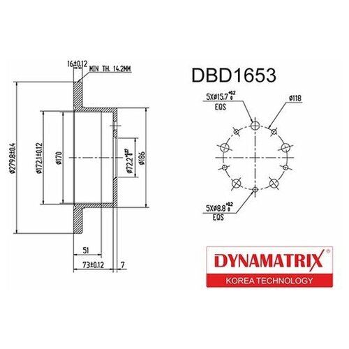 Тормозной диск задний Dynamatrix-Korea DBD1653 для Citroen JUMPER; Fiat DUCATO; Peugeot BOXER