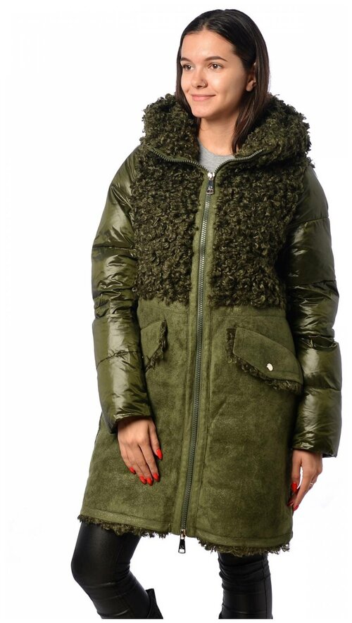 куртка  EVACANA зимняя, удлиненная, несъемный капюшон, манжеты, размер 46, зеленый