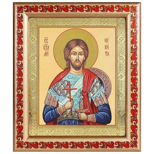 Великомученик Никита Готфский, икона в рамке с узором 19*22,5 см