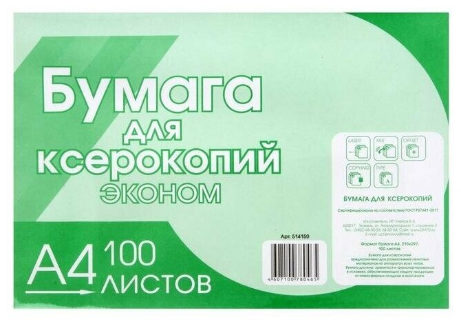 Бумага А4, 100 листов "Туринск для ксерокопий" эконом, 80г/м2, белизна 96%, в т/у плёнке (цена за 100 листов)