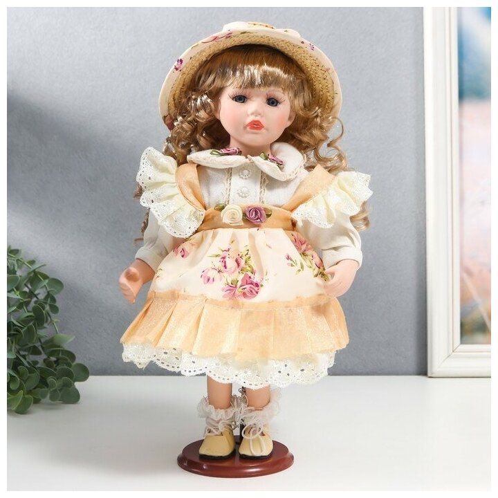 Кукла коллекционная керамика "Алиса в жёлтом платье с цветами, в соломенной шляпке" 30 см 7586166