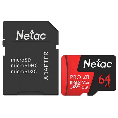 Карта памяти 64Gb - Netac P500 Extreme Pro MicroSDXC Class 10 A1 V30 NT02P500PRO-064G-R с переходником под SD (Оригинальная!) карта памяти 64gb netac p500 extreme pro microsdxc class 10 a1 v30 nt02p500pro 064g s