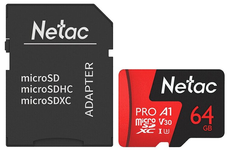 Карта памяти 64Gb - Netac P500 Extreme Pro MicroSDXC Class 10 A1 V30 NT02P500PRO-064G-R с переходником под SD (Оригинальная!)