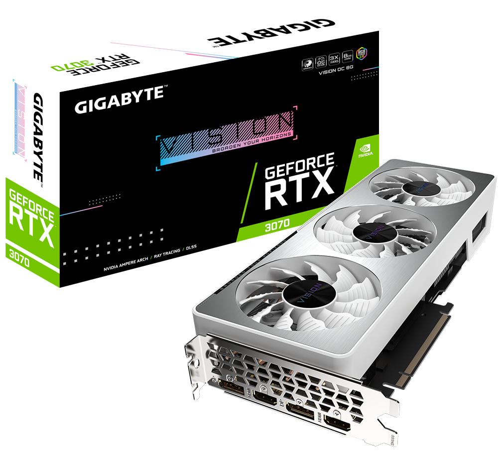 Видеокарта Gigabyte PCI-E 4.0 GV-N3070VISION OC-8GD 2.0 LHR NV RTX3070 8192Mb 256 GDDR6 1815/14000/H