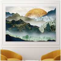 Картина "Солнце и горы" на натуральном холсте для домашнего интерьера, украшения и декора горизонтальная, размер 70х50 см.
