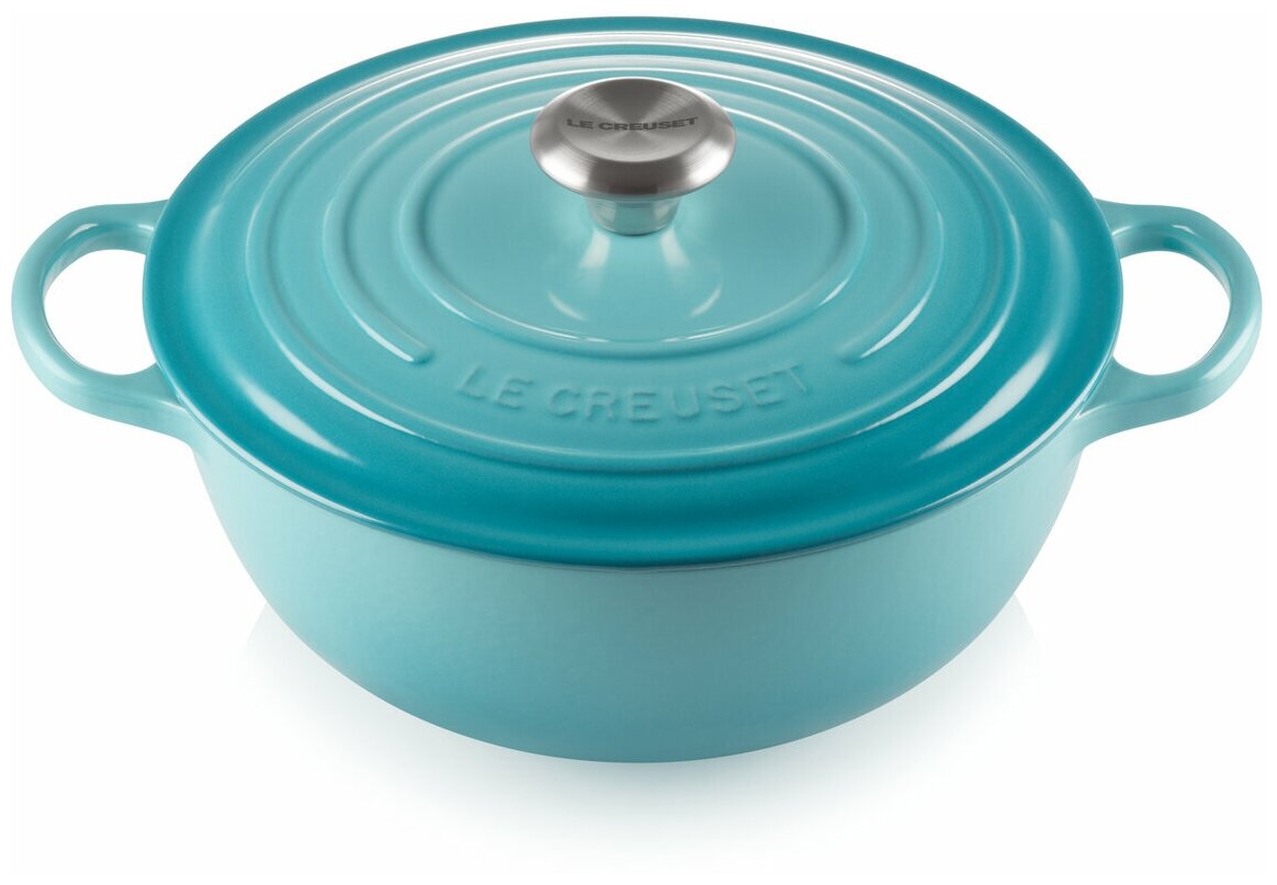 Чугунный эмалированный казан, Le Creuset, 26 см, Бирюза, стальная ручка, чёрная эмаль