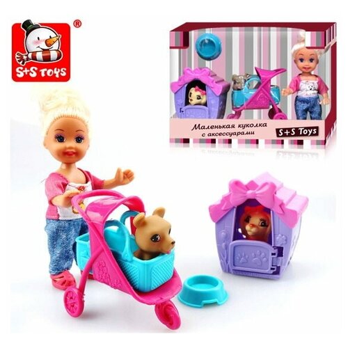 S+S Toys Набор Кукла + 2 собаки, будка, миска, коляска-переноска 6081 с 3 лет