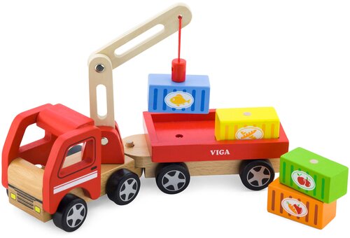 Деревянная игрушечная машинка Viga Toys 50690 автокран прицеп кубики вига