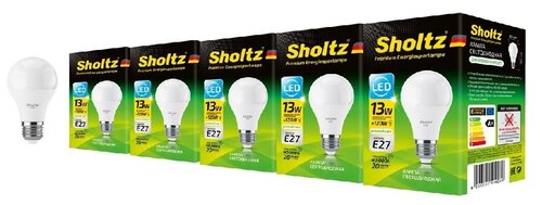 Комплект из 5 светодиодных энергосберегающих ламп Sholtz груша A60 13Вт E27 4000К 220В пластик (Шольц) LOB4142P