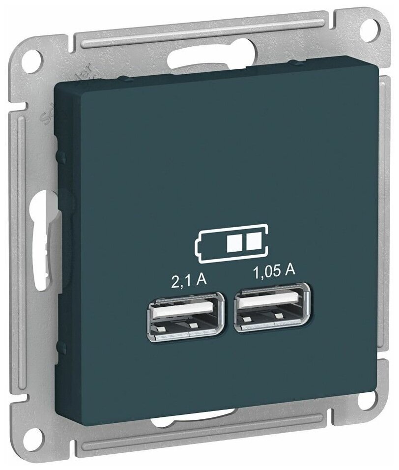 ATLASDESIGN USB Розетка A+A, 5В/2,1 А, 2х5В/1,05 А, механизм, изумруд Schneider Electric ATN000833