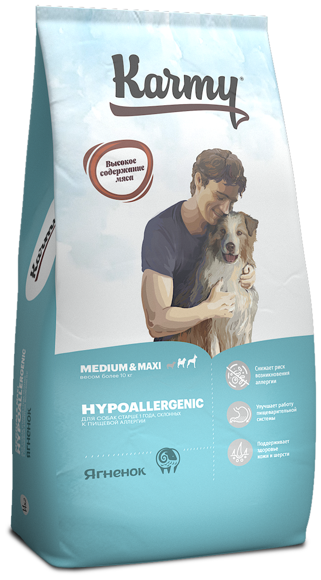 Сухой корм Karmy Hypoallergenic Medium & Maxi для собак средних и крупных пород, склонных к пищевой аллергии Ягненок 14кг