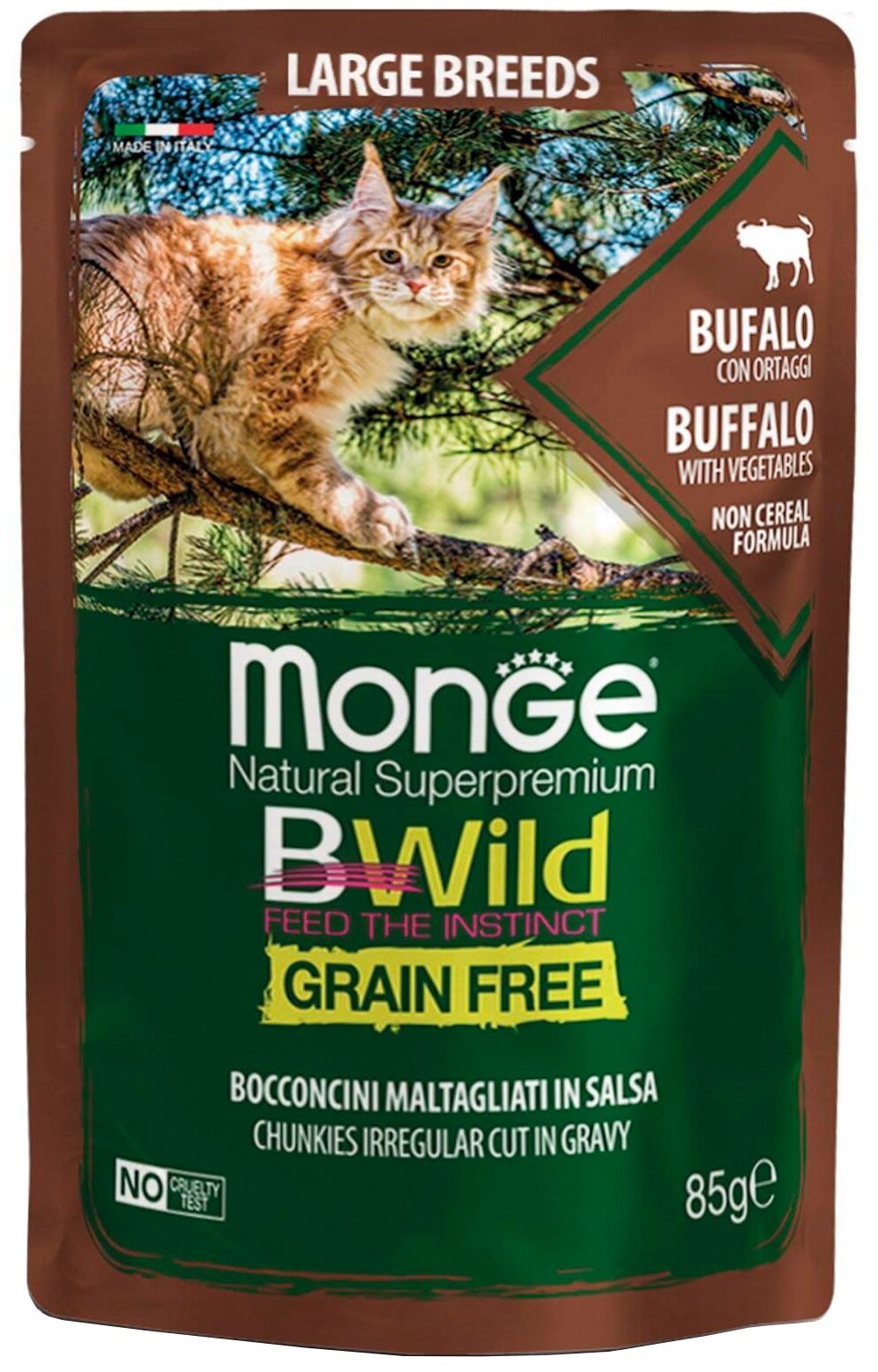 Monge Cat BWild Grain Free Влажный беззерновой корм для кошек крупных пород, Буйвол и Овощи 85г