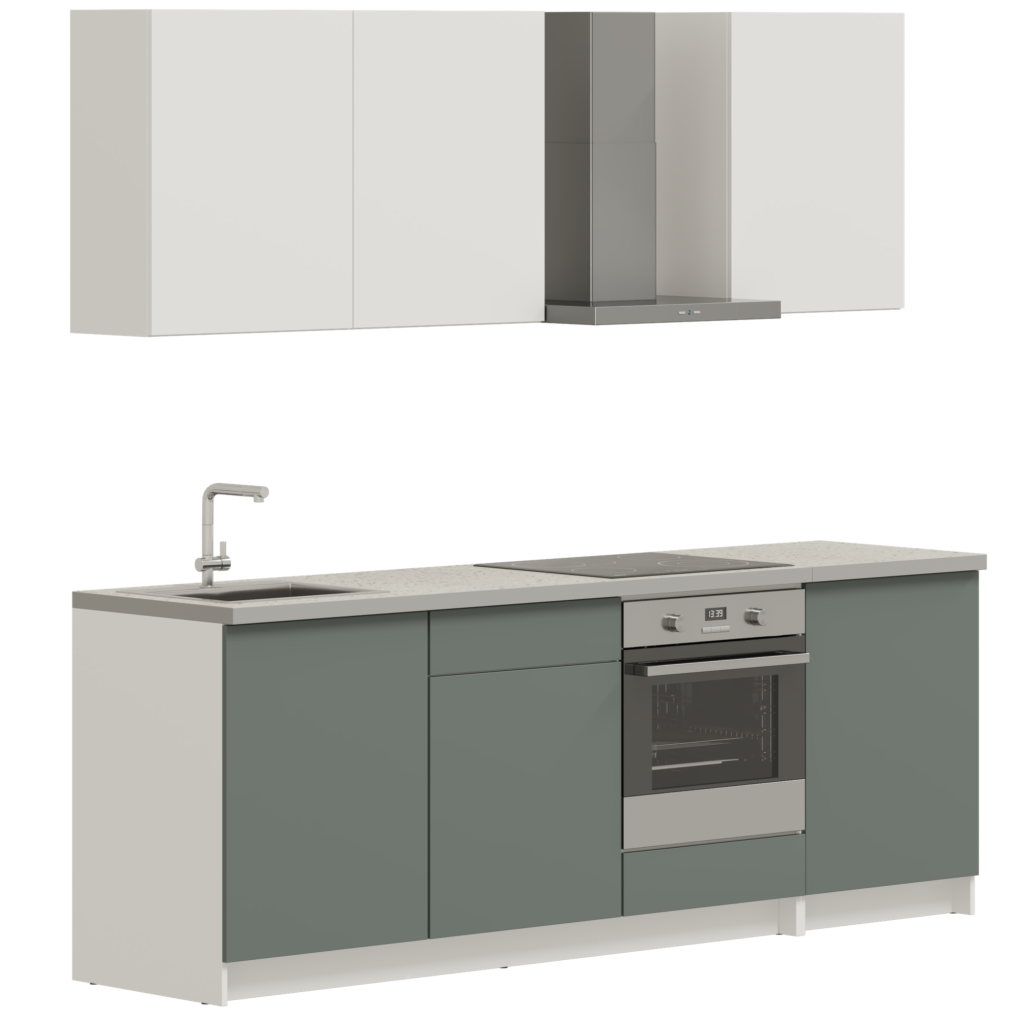 Кухонный гарнитур, кухня прямая Pragma Elinda 242 см (2,42 м), под встраиваемую духовку, со столешницей, ЛДСП, дымчатый зеленый/белый
