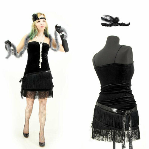 Гэтсби платье бархатное черное с бахромой в стиле Чикаго 20х Flapper Girl \ СosplaYcitY \ 44 \ карнавальные перчатки на новый год в стиле гэтсби леди в стиле чикаго черный