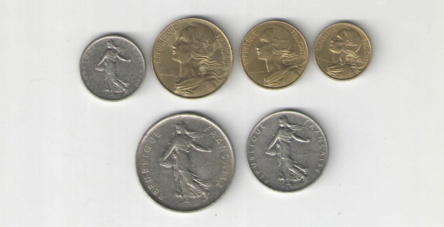 Монеты Франции набор 6шт. 5,10,20 сантимов+1,1/2, 5 франков 1960-1985г.