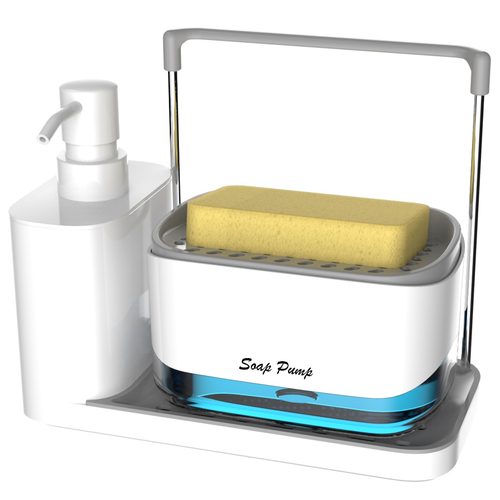 DE.HOME Диспенсер для моющего средства и дозатор для жидкого мыла 4 в 1, с губкой, белый