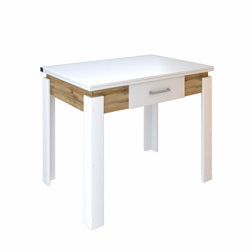 Стол кухонный обеденный раскладной с ящиком, Белый бриллиант/Дуб вотан