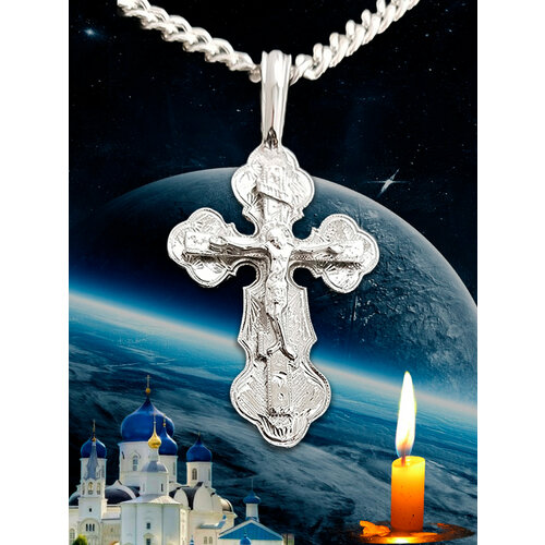 Крестик Большой нательный крест мужской женский православный Комплект с толстой панцирной цепочкой, длина 60 см, серебристый
