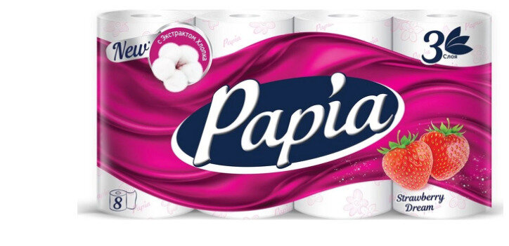 Papia Туалетная бумага белая с ароматом Strawberry Dream и рисунком, трёхслойная, 8 рулонов в упаковке/