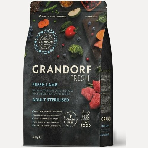 Изображение товара Корм сухой Grandorf Fresh , беззерновой с живыми пробиотиками, свежее мясо ягненка с бататом для стерилизованных кошек, 400 г