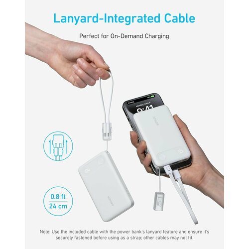 Внешний аккумулятор Anker Power Bank, 10, 000mAh Portable Charger with Built-in USB-C Cable and Lanyard, 22.5W - White