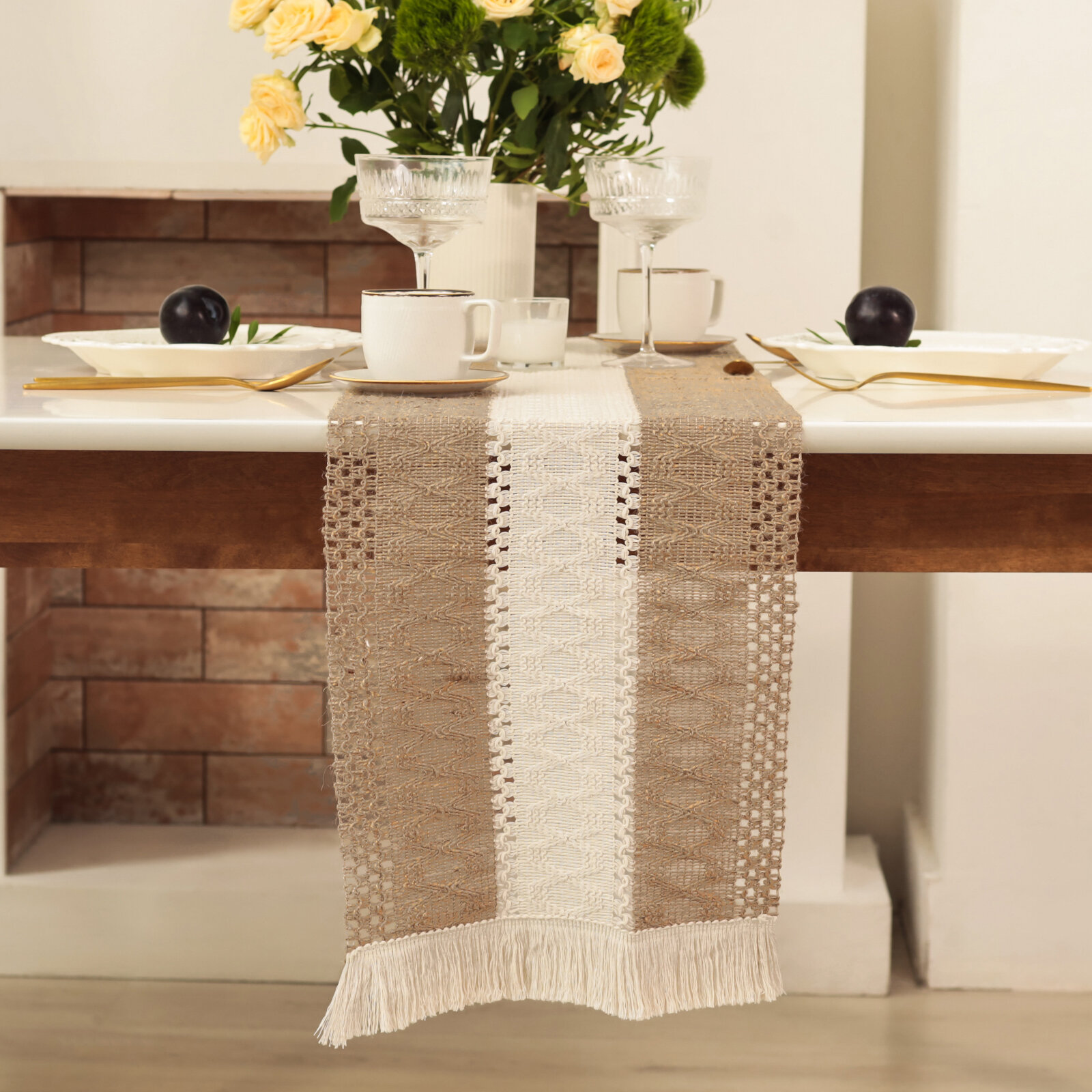 Дорожка на стол Этель «Сканди узор» коричневый 32×150 см 50% хлопок 50%лен