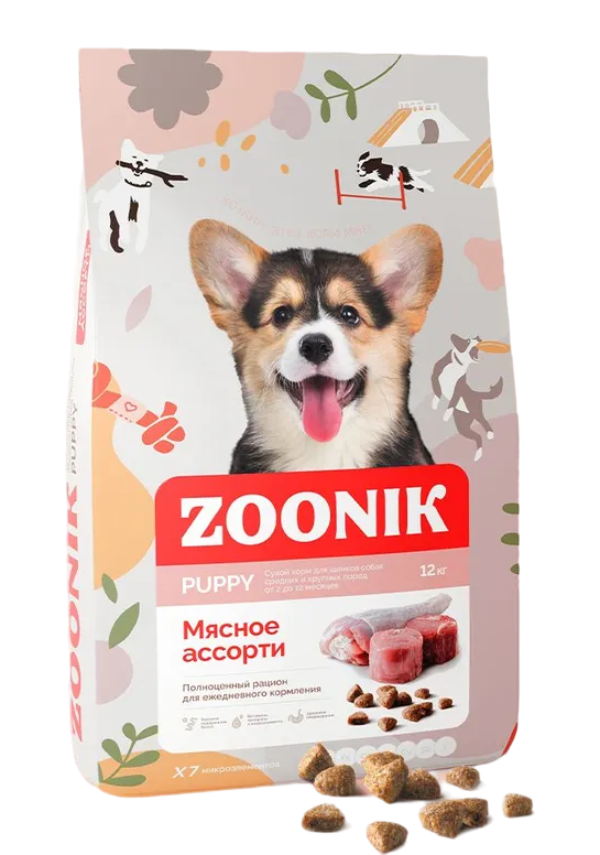 Корм сухой ZOONIK Puppy мясное ассорти для щенков средних и крупных пород (12 кг)