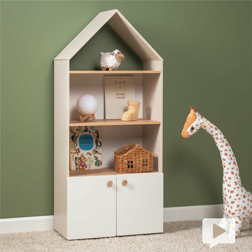 Стеллаж для книг и игрушек с дверцами 150x67x35 Андерсон напольный 13.181.02, Сатин, Гикори Рокфорд, белая шагрень