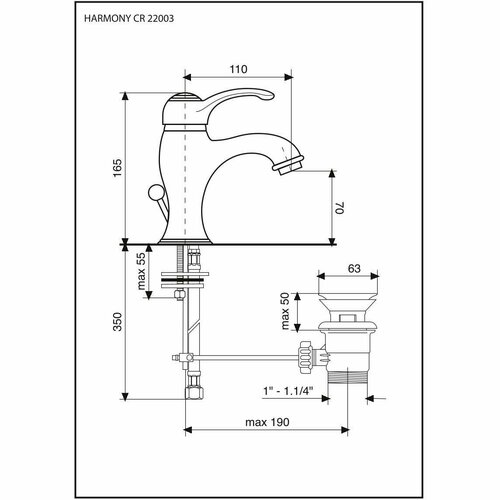 Смеситель однорычажный Emmevi Harmony, излив 11 см, с донным клапаном, белый-золото, 22003/BO
