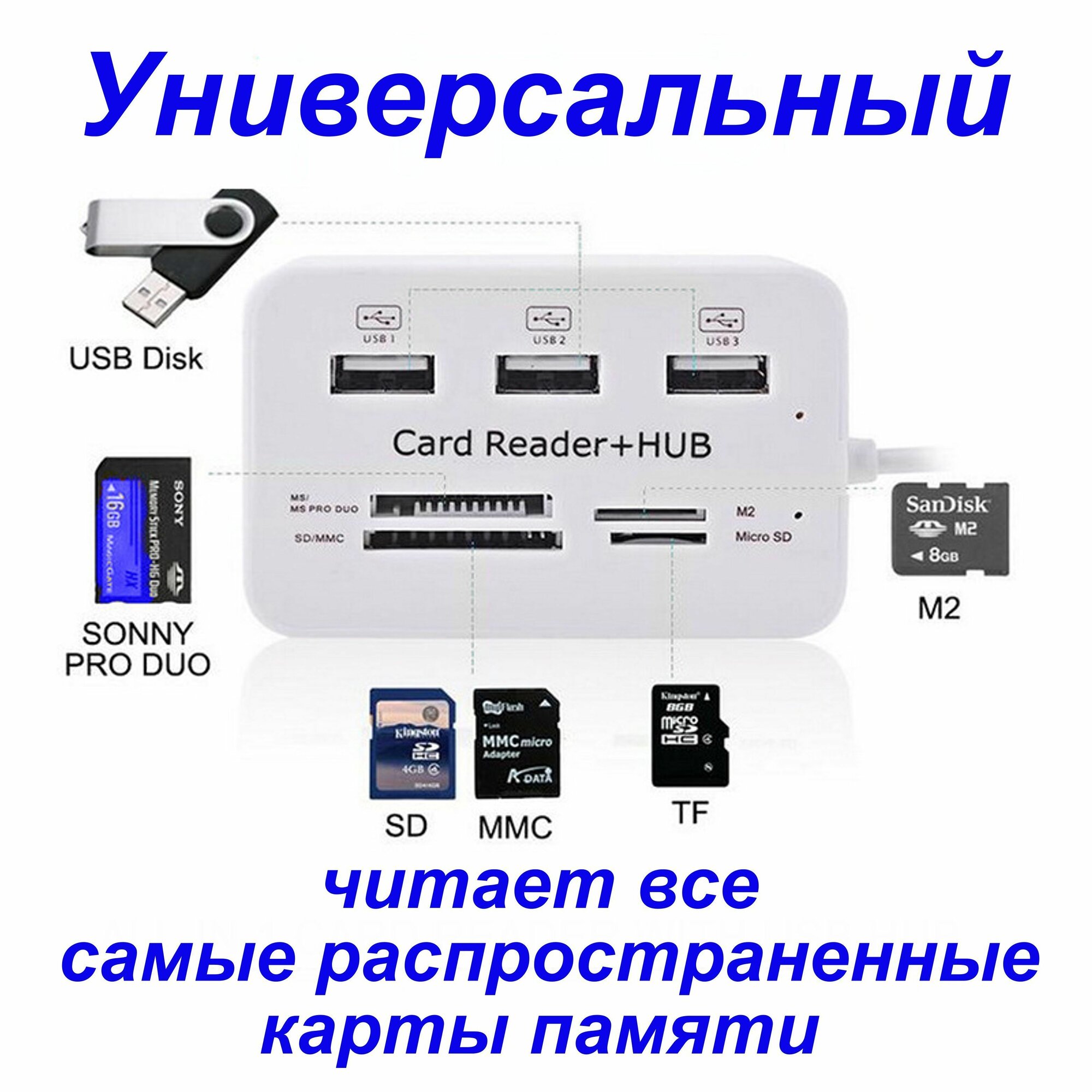 Картридер USB 3.0 - Micro SD - SD - M2 - MS - MMC переходник для флешкарт 5 в 1, USB HUB USB 3.0 — фото 1