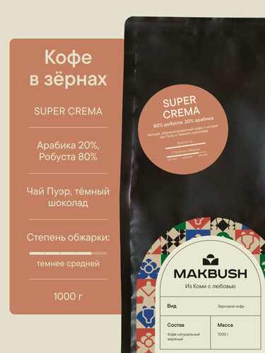 Изображение товара Кофе в зёрнах MakBush SUPER CREMA, 80% робуста, 20% арабика, крепкий, темная обжарка, 1 кг