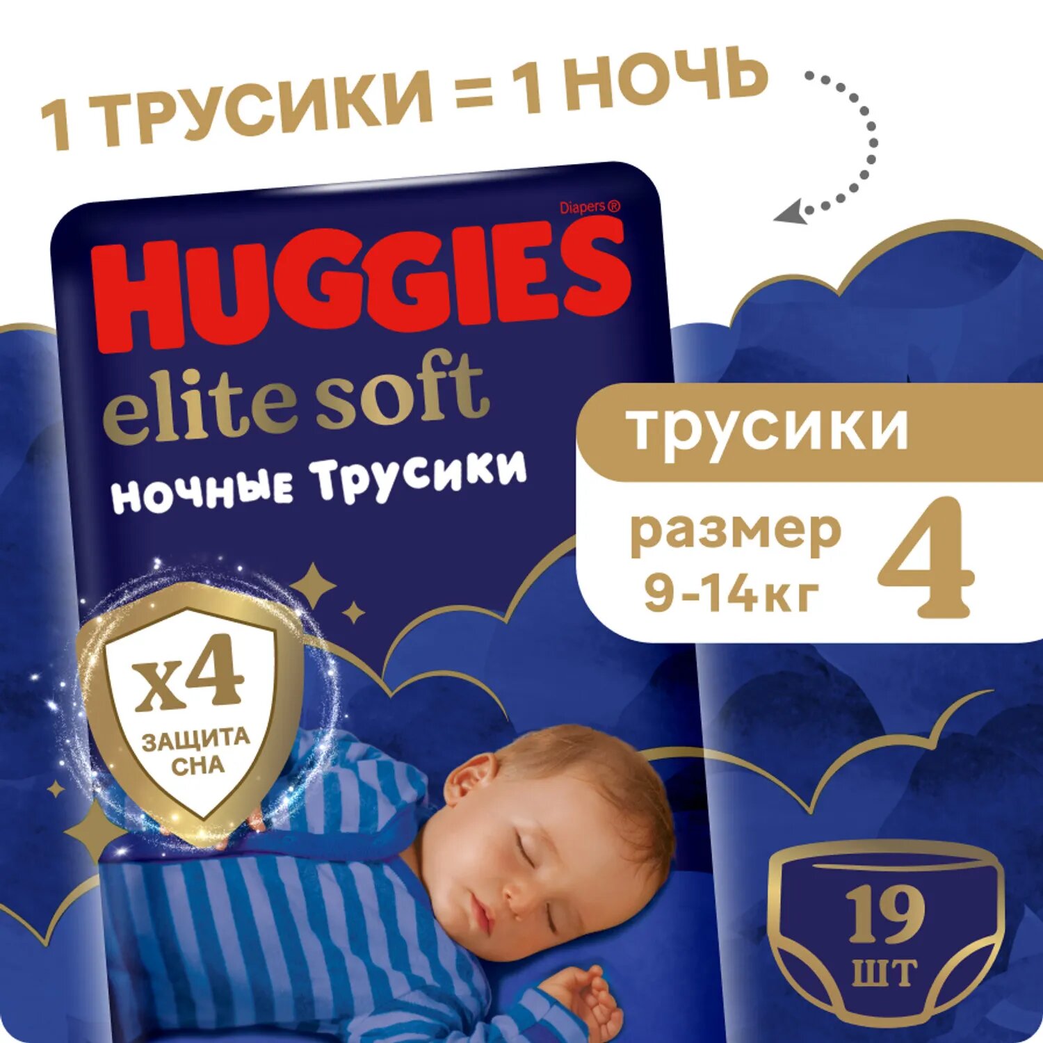 Ночные трусики-подгузики Huggies Elite Soft, 4, 19 штук, 9-14 кг.