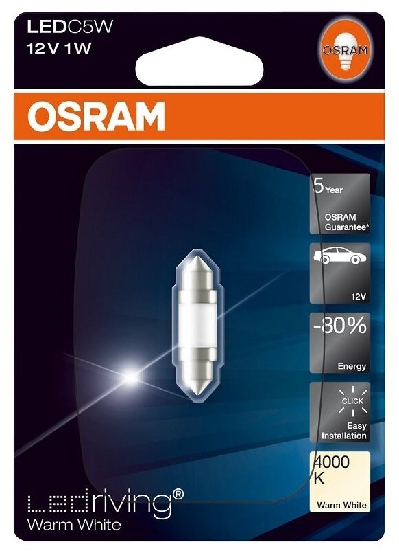 Лампа автомобильная Osram Cool White LEDriving SL C5W 12V-LED (SV8,5) 6000K 0,6W, 3 пок. бл.1шт, 6418DWP-01B