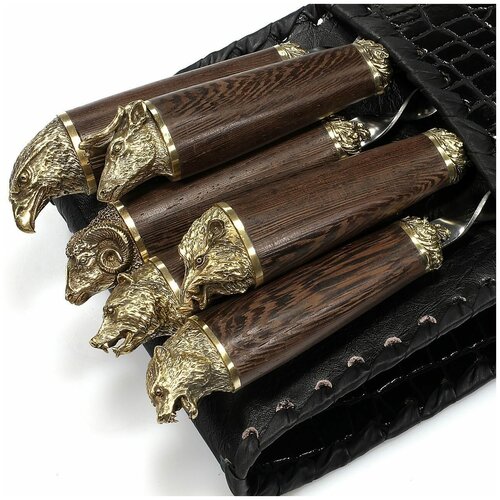 фото Набор шампуров "венге элит" с головами зверей в чехле из экокожи 10shampurov