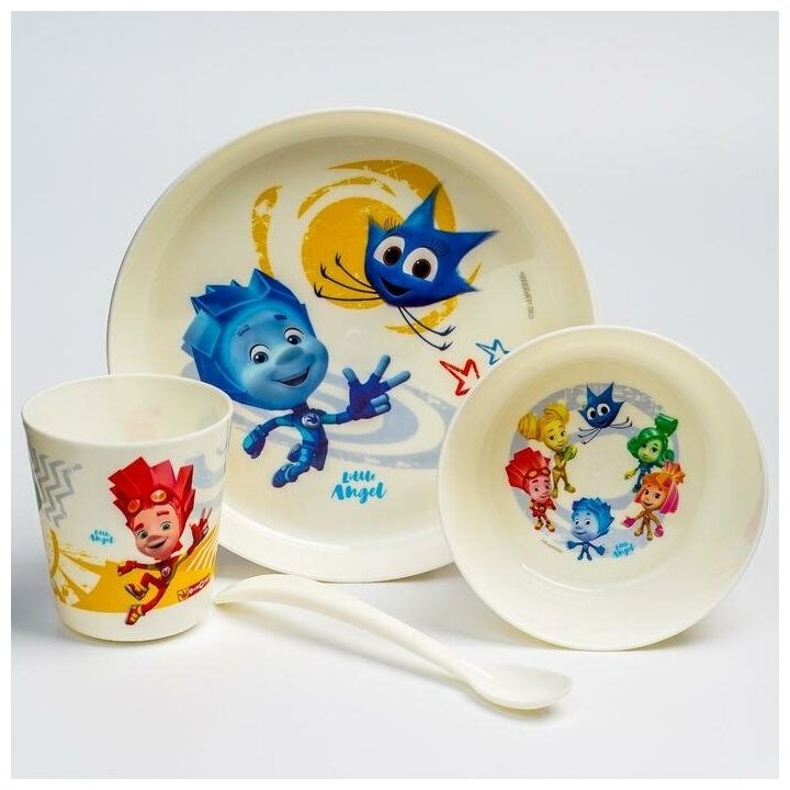Набор детской посуды «Фиксики» (тарелка, миска, стакан, ложка) - фотография № 2