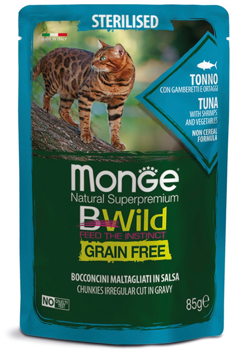 Влажный корм Monge Cat BWild GRAIN FREE паучи из тунца с креветками и овощами для стерилизованных кошек 85г 28 штук в упаковке