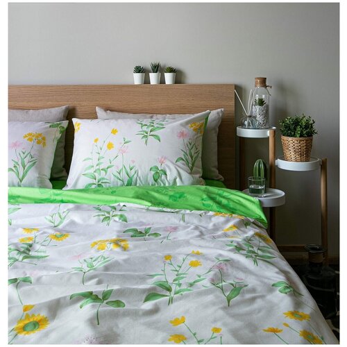 фото Комплект постельного белья grazia textile garden flowers, евро, смесовая ткань, 2 наволочки 50х70, светло- зеленый, белый, цветочный, флора
