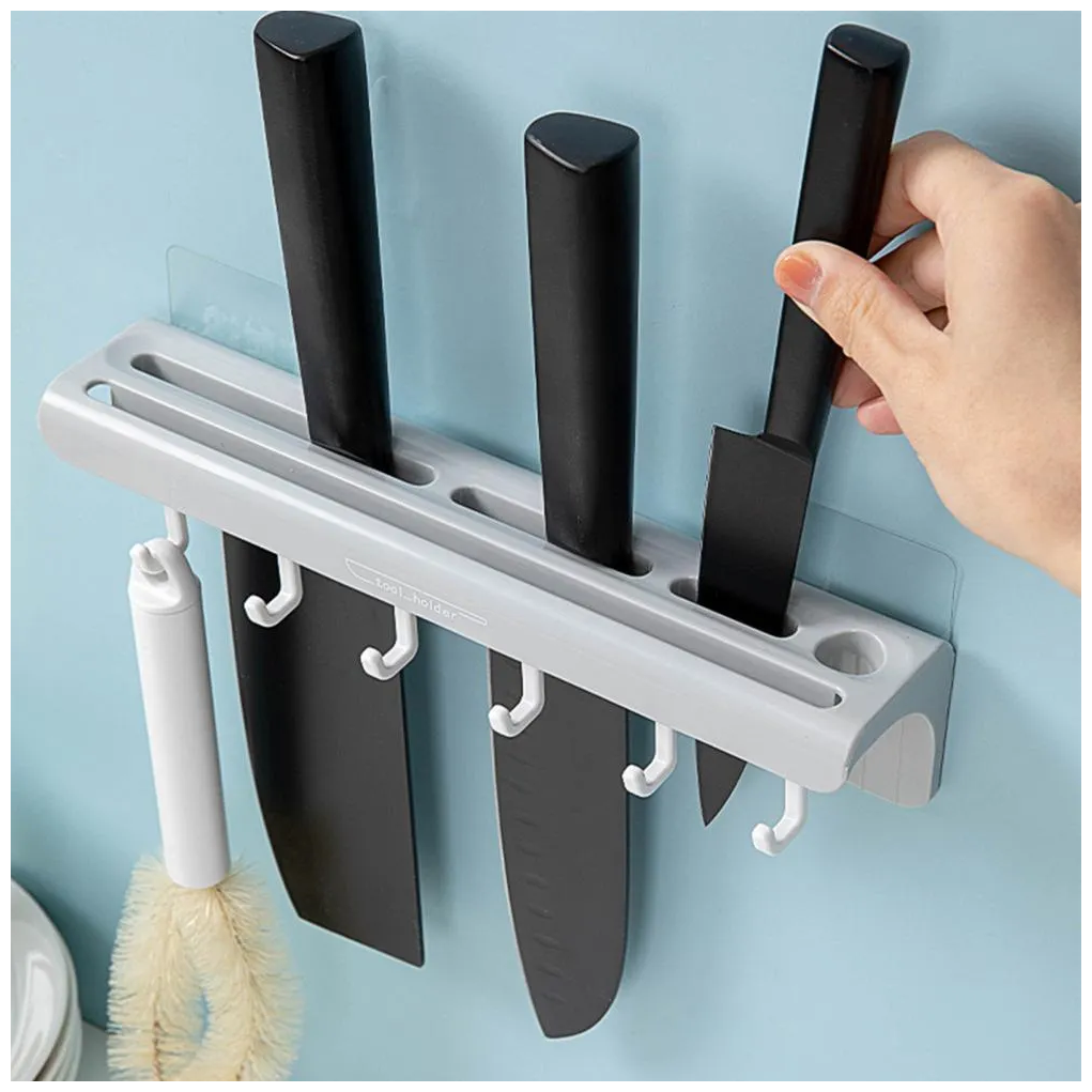 Держатель для ножей настенный / самоклеящиеся ABS перфорация / хранилище для кухонной утвари для дома / серый