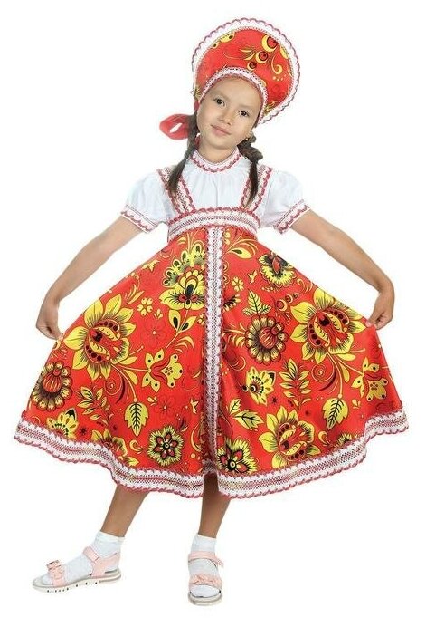 Русский народный костюм «Хохлома красная», платье, кокошник, р. 30, рост 110-116 см