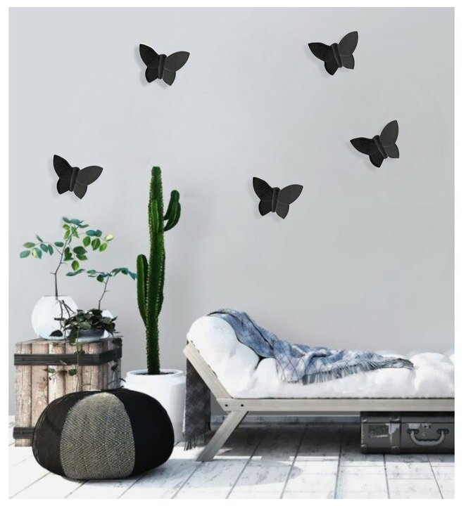Декор настенный "Бабочки" 7,5 x 10,5 см, черный, (набор 5 шт) 7422172