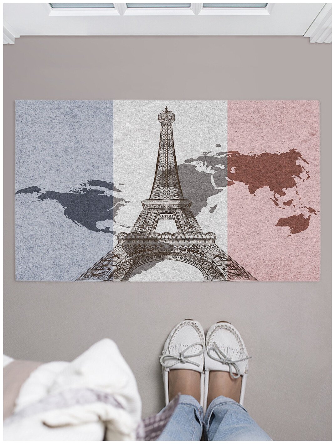 Придверный коврик в прихожую JoyArty "Карта и париж" для обуви, на резиновой основе, 75x45 см