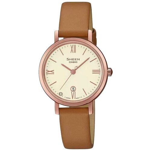 фото Женские наручные часы sheen classic she-4540cgl-9audf casio корпус из нержавеющей стали с ip покрытием сапфировое стекло ремешок из натуральной кожи водонепроницаемые японские