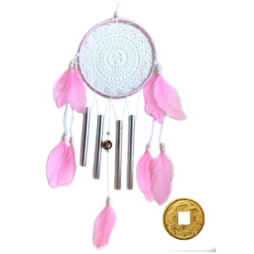 Ловушка для снов с музыкой ветра, розовый цвет, d-16 см + монета 