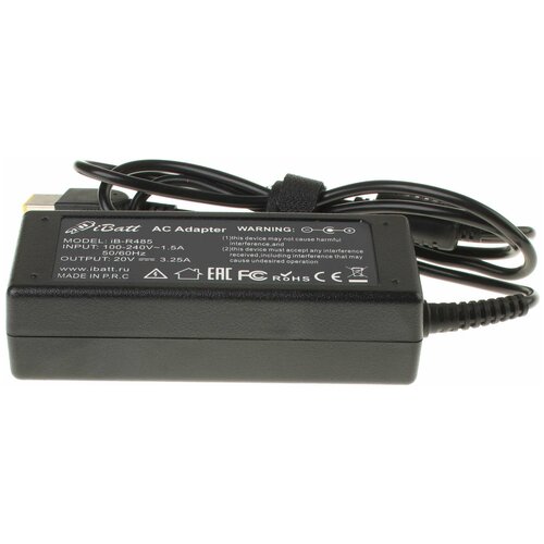 Блок питания iBatt iB-U1-R485 20V 3,25A, 65W, прямоугольный, pin для IBM-Lenovo G500, G50-30, G50-45, G510, G50-70, Z50-70, G500s, G410, ThinkPad X240, G50-80, IdeaPad Yoga 13, Z50-75, ThinkPad T440, ThinkPad T440s, IdeaPad S510p, блок питания для ноутбука lenovo 20v 3 25a square 65w adlx65ndc3a