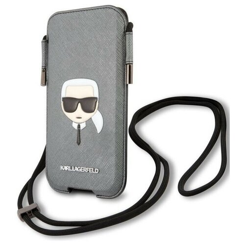 фото Чехол cg mobile karl lagerfeld pouch pu saffiano karl head (large), цвет серебристый (klhcp12lophkhg)