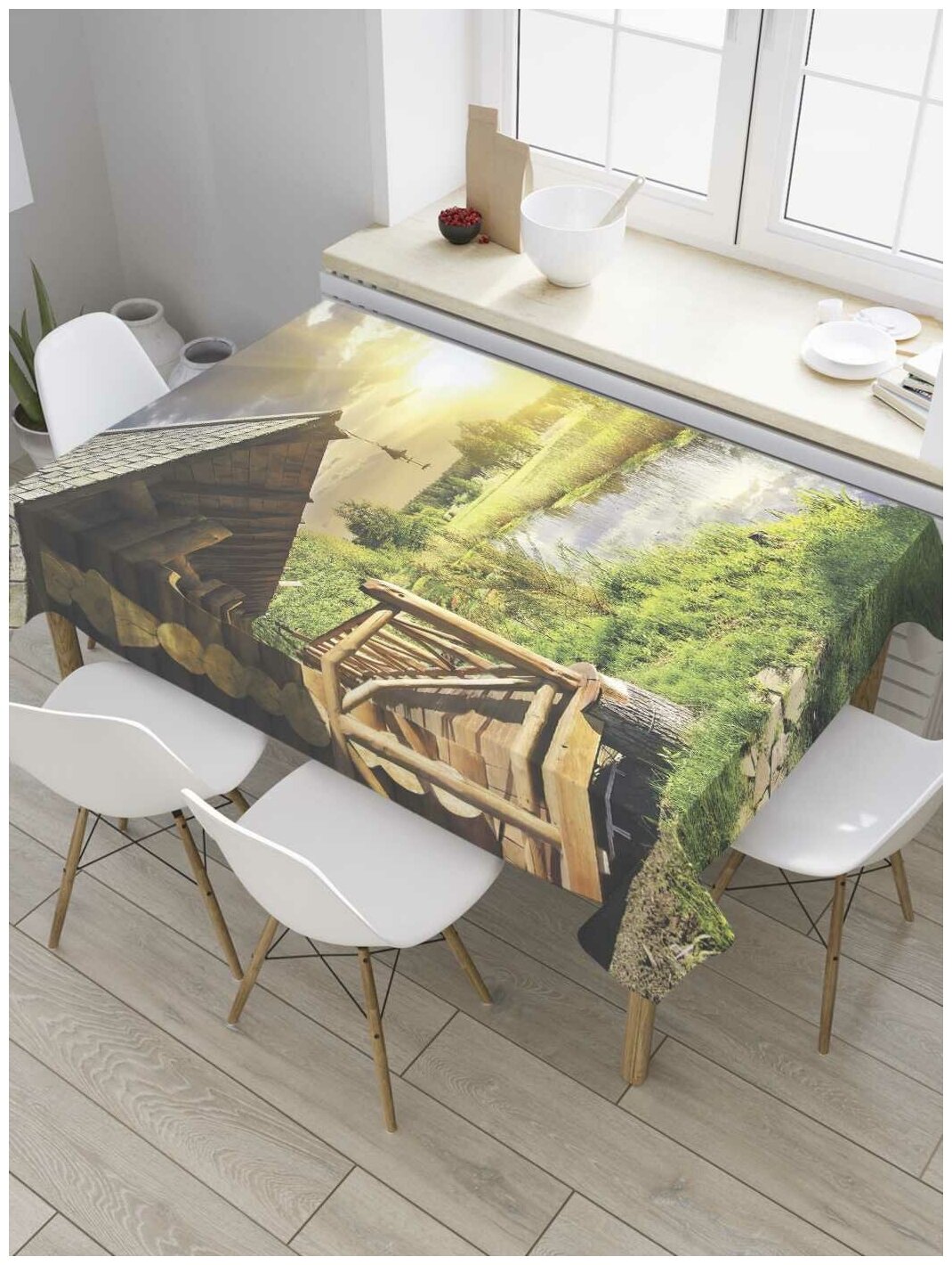Скатерть прямоугольная JoyArty на кухонный стол "Домик у леса" из оксфорда, 180x145 см