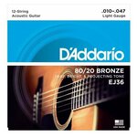 D`ADDARIO EJ36 BRONZE 12-STRING ACOUSTIC GUITAR STRINGS, LIGHT, 10-47 Струны для 12-струнной акустической гитары, сталь, круглая оплётка, материал оплётки - бронза, легкое натяжение, диаметр струн 10-47 - изображение